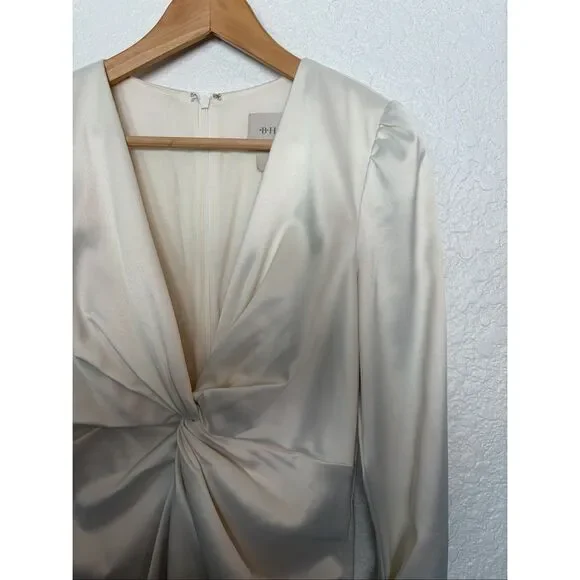 bhldn maya long-sleeve twist satin mini dress BHLDN Maya Long-Sleeve Twist Satin Mini Dress in White Size S